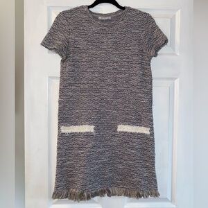 Zara Women’s Trafaluc Tweed SS Mini Dress Fringe Hem + Pearl Accents Size S